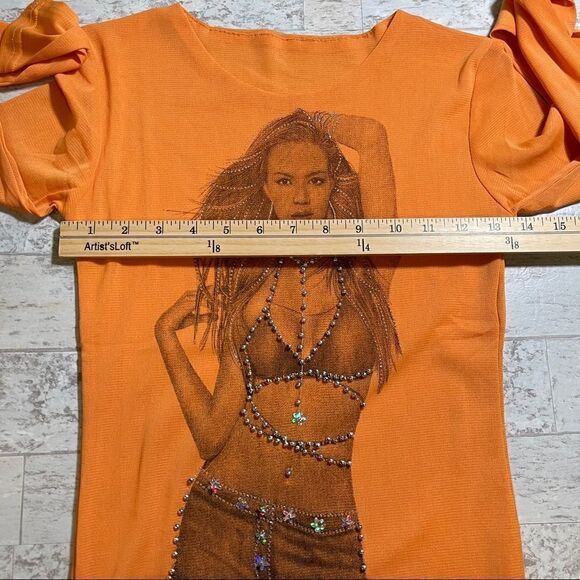 Long Sleeve Orange Mesh Embellished Top - Picture 12 of 15